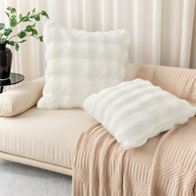 Set Of 2 Luxury Faux Rabbit Fur Pillow Covers - Ultra Soft Plush Decorative Cushions 17.7X17.7 Inch For Sofa & Bedroom