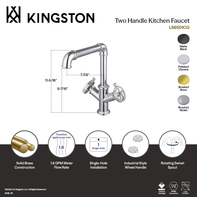 Robinet de cuisine à un trou à deux poignées en laiton Kingston, Noir mat