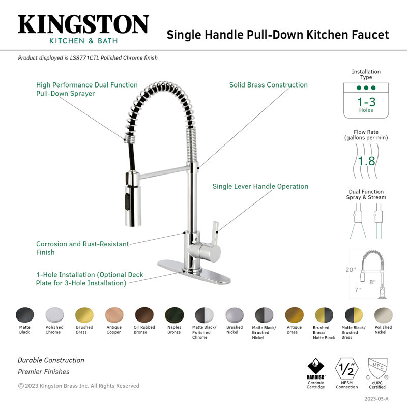 Kingston Brass Continental Single-Handle 1-Hole Deck Mount Pre-Rinse Kitchen Faucet, Brushed Brass