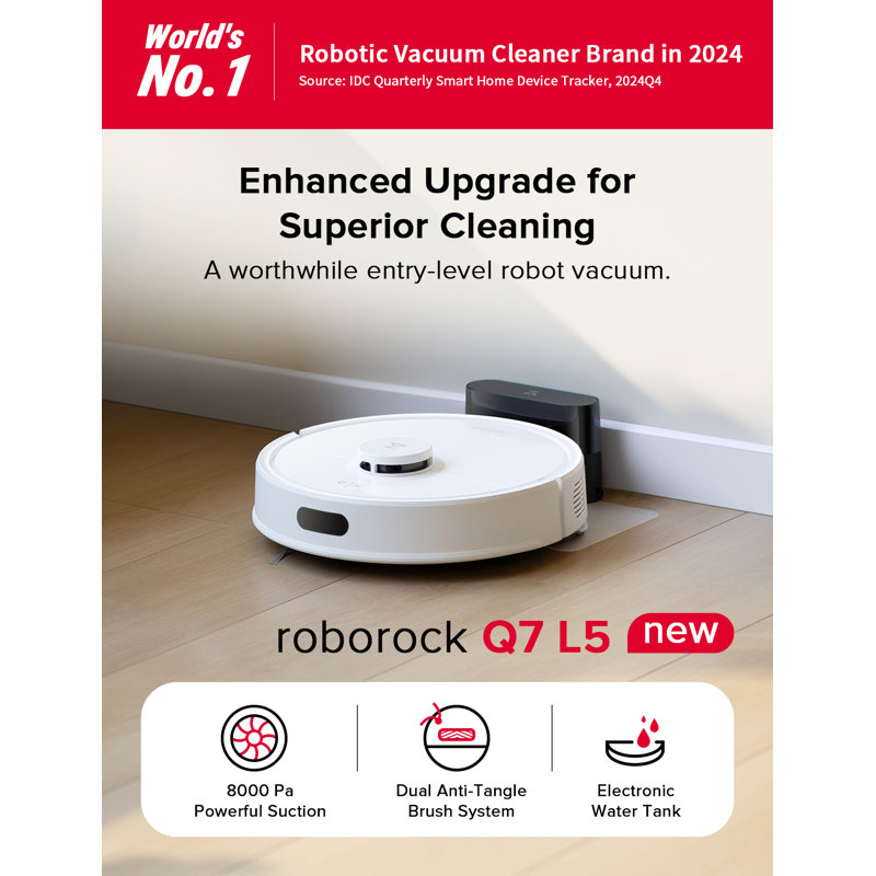 Roborock Q7 L5 Robot Vacuum and Mop, 8,000Pa Suction, Dual Anti-Tangle System, LiDAR Navigation, White