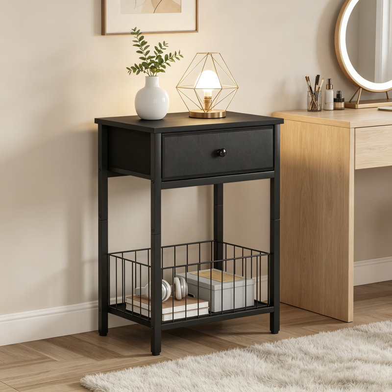 Table de chevet avec tiroir avant en similicuir, table de bout à 3 niveaux avec panier inférieur en filet, table de chevet industrielle pour petits espaces
