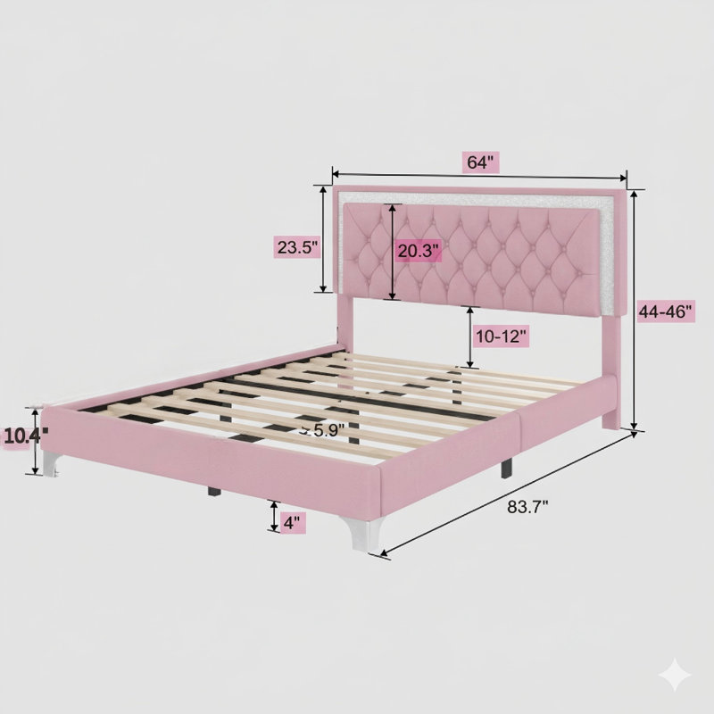 Grand cadre de lit tapissier avec éclairage DEL intégré. Un lit plateforme en velours moderne avec une tête de lit capitonnée, en rose.