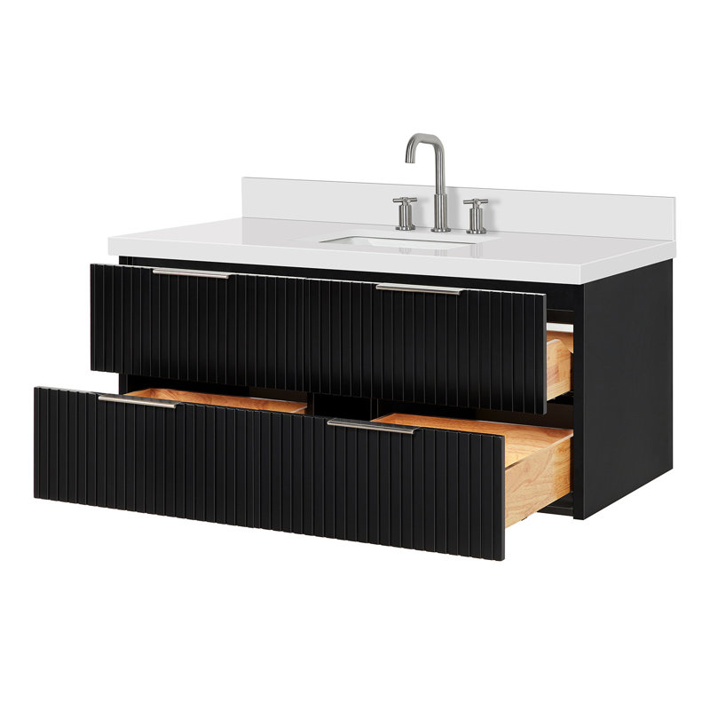 Meuble-lavabo mural simple 49 po avec comptoir à quartz blanc pur 1,5 po Mulloy, Rectangulaire, Noir