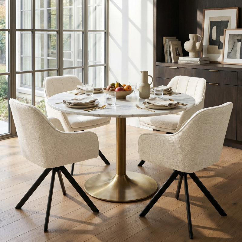 51cm H Upholstered Arm Dining Chair For Kitchen Dining Living Room, Cream Chenille