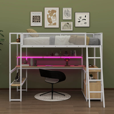 Contemporary Twin Size Metal Loft Bed With L-Shaped Desk And LED Lighting