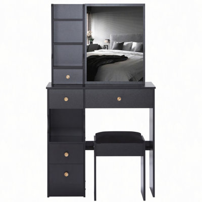 Petit meuble-lavabo de bureau avec tiroir à gauche avec petit espace + tabouret rembourré, très grand miroir coulissant à droite, rangement multicouche à grande capacité, commode pratique et pratique, convient aux petits espaces