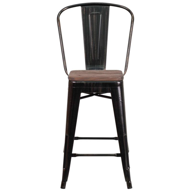 Tabouret de bar ou de comptoir en métal Marian avec dossier et siège en bois Marian, Noir/or antique, 1