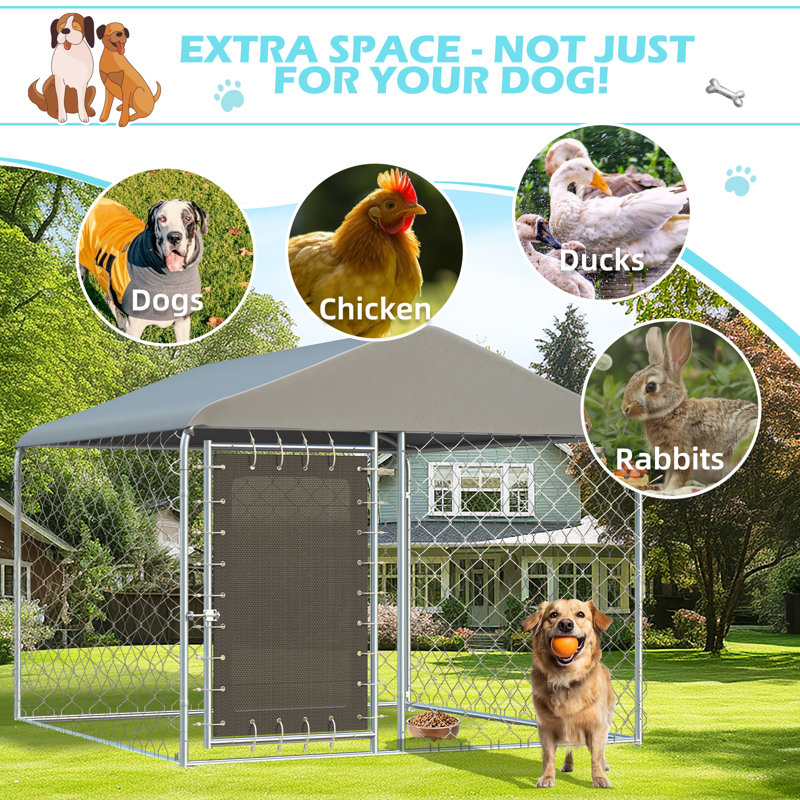 6FT x 6FT Outdoor Dog Kennel with Roof – Large Dog Enclosure Featuring Rotating Dog Bowls, Secure Lock, and Waterproof Sunshade Cover