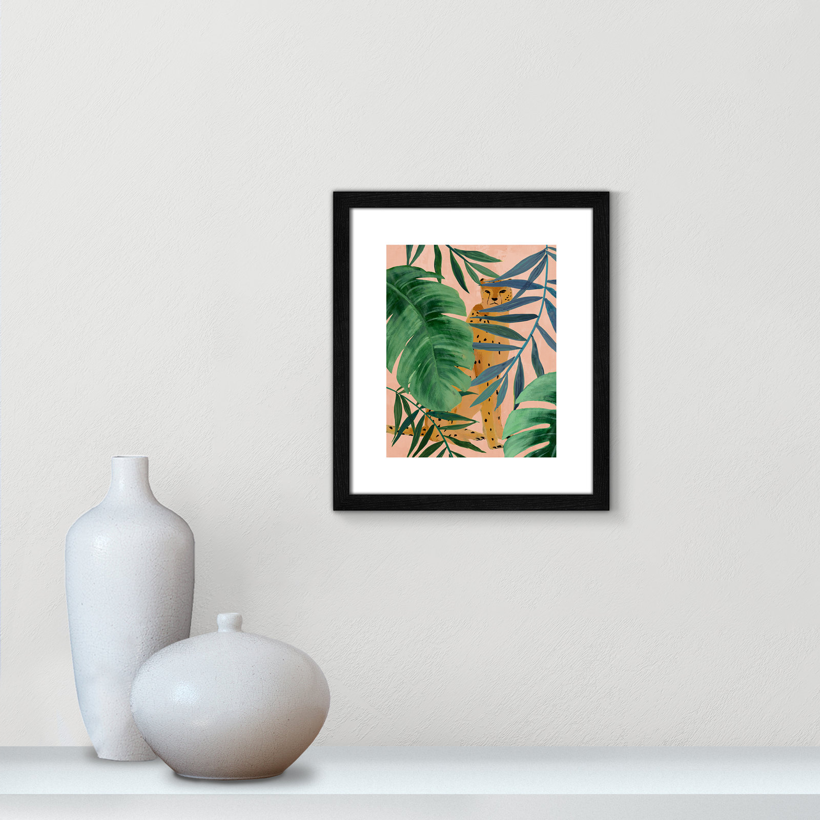 Silent Jungle - Painting Print, Black Wood Framed Paper, 15" H x 13" W x 0.75" D