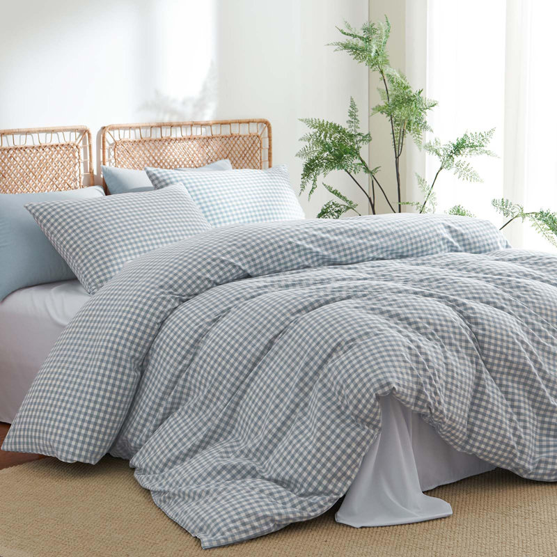 Ensemble de housse de couette 100% coton lavé à carreaux 3 pièces Nayoroom Gingham, Bleu