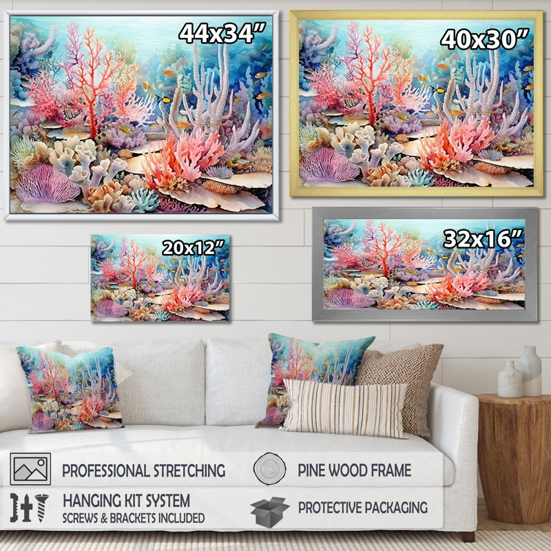 Rose et bleu sous l'eau, corail Wold I - art mural corail sous l'eau, H 24 po x l 32 po x P 1 po, Cadre flottant doré