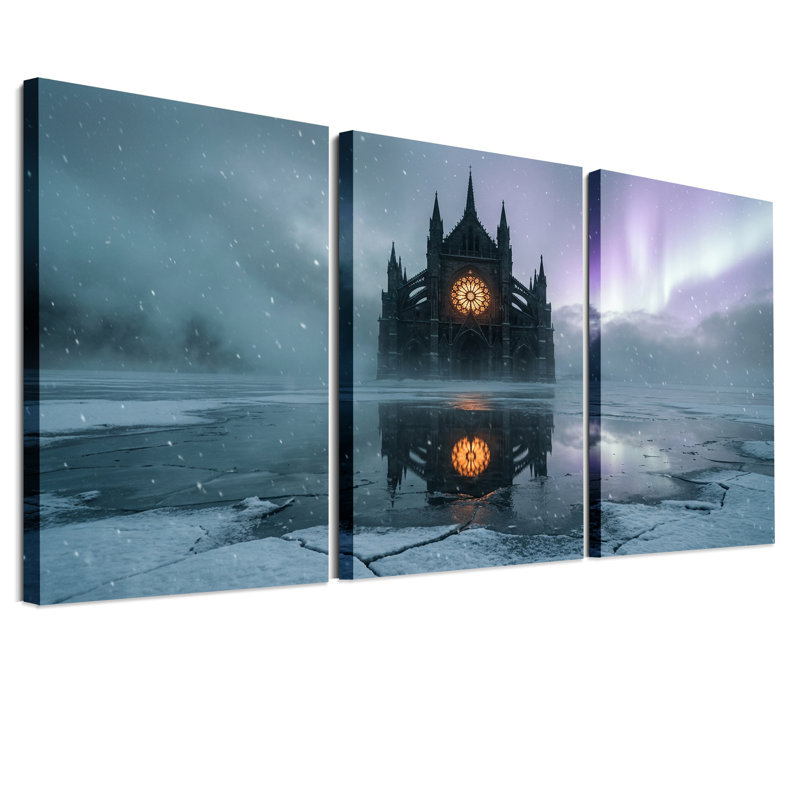 Cathédrale gothique reflétée dans la glace avec ensemble de 3 toiles d'Halloween, H 18 po x l 12 po x 3 pièces