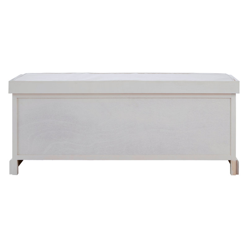 Cotton Upholstered Storage Bench, White, White Wood, White