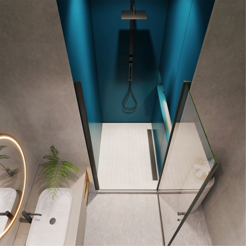 1 3/8" Adjustment,Universal Pivot Shower Door, Open Outside, With 1/4" Tempered Glass Finish, Black