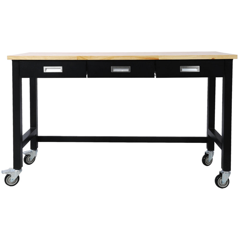 60In Work Bench, Workbench With Drawer Storage, Heavy Duty Bamboo Wood Work Table With Wheels For Garage Home Office