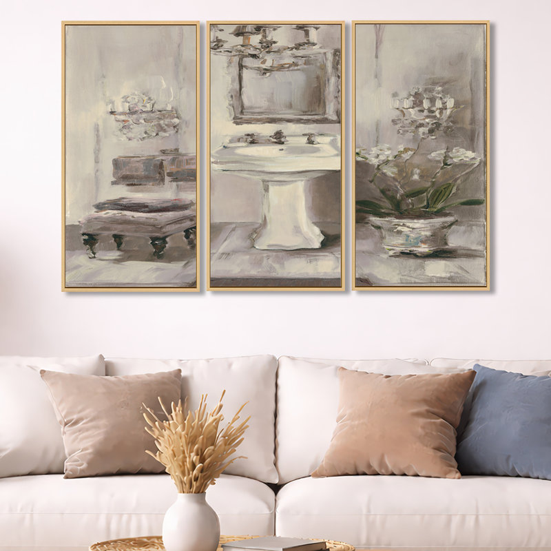 «French Bathroom Vintage II», ensemble d'art mural sur toile encadré traditionnel, H 28 po x l 36 po x P 1 po, Cadre brun