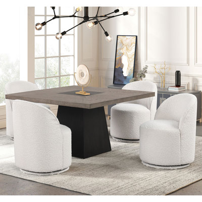 5 Piece Square Wooden Dining Set With Swivel Chair In Dark Walnut And White