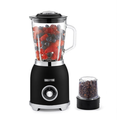 GEEPAS Retrovive 2-in-1 Food Jug Blender | Smoothie Maker with 1.5L Glass Juice Jar & Mini Coffee Spice Grinder Mill | 6 Stainless Steel Ice Crusher Blades | 2 Speed with Pulse Safe Lock | 800W