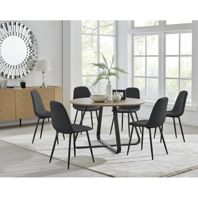 Sandy Classic Wood Effect and Metal Dining Table Set with 6 Luxury Faux Leather Dining Chairs, Black/Black