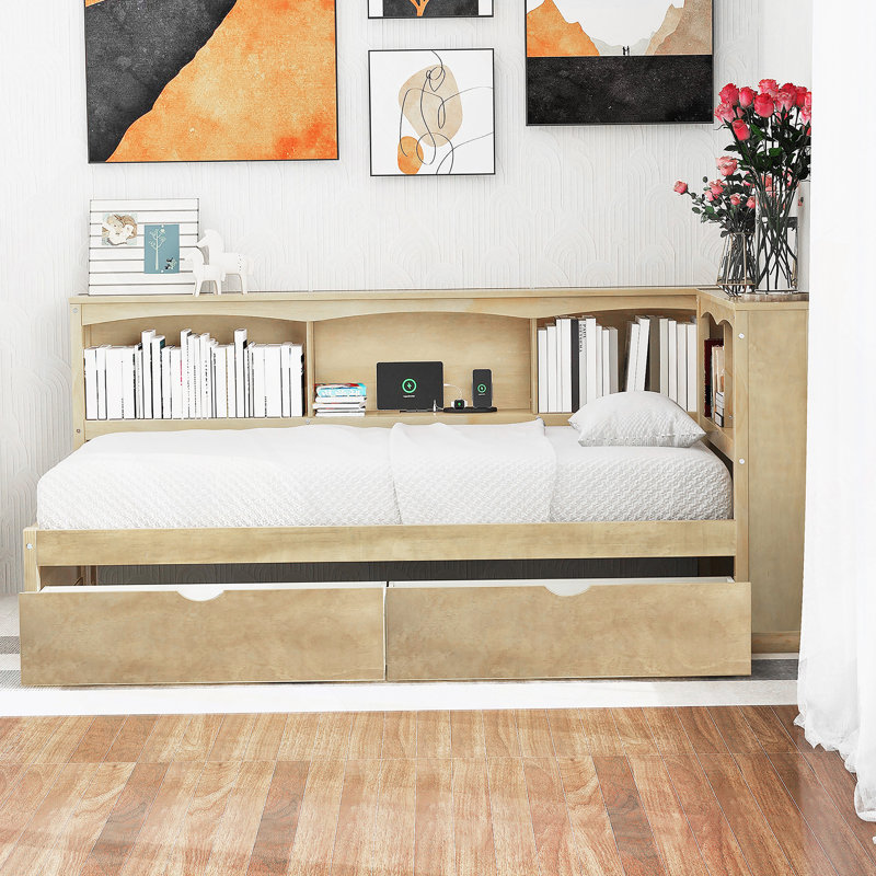 Twin Size Daybed with Two Storage Drawers, Storage Cabinets and USB Ports, Wood Colour, Wood