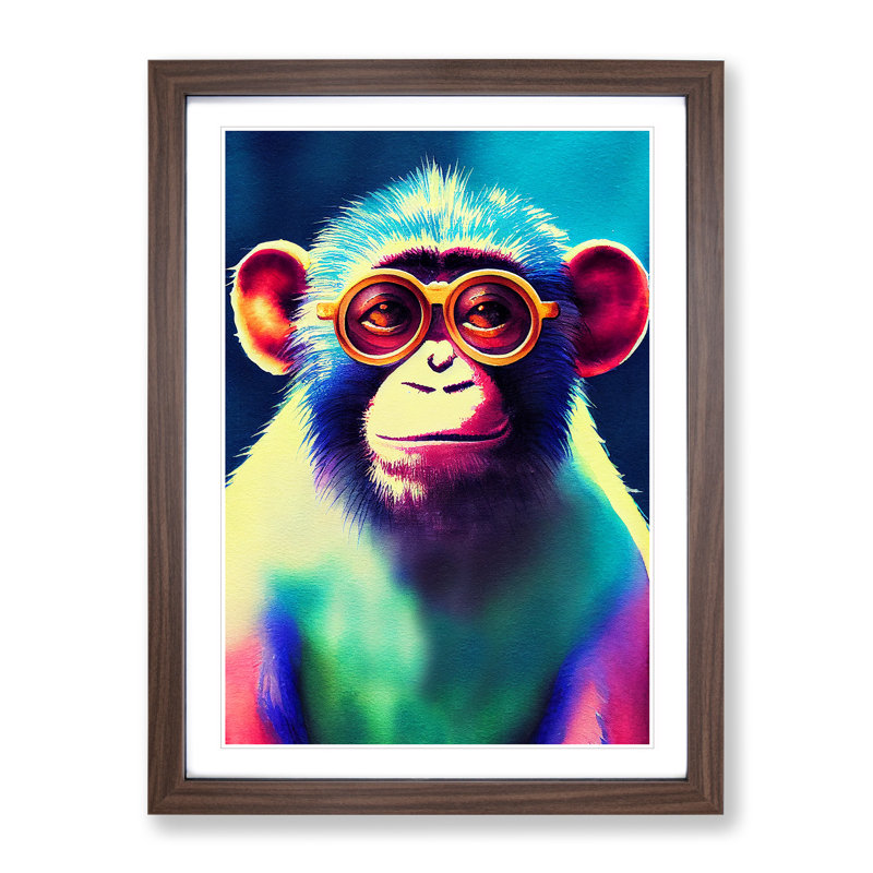 Neon Monkey No.4 - Wall Art, 34cm H x 25cm W x 2cm D, Walnut Framed