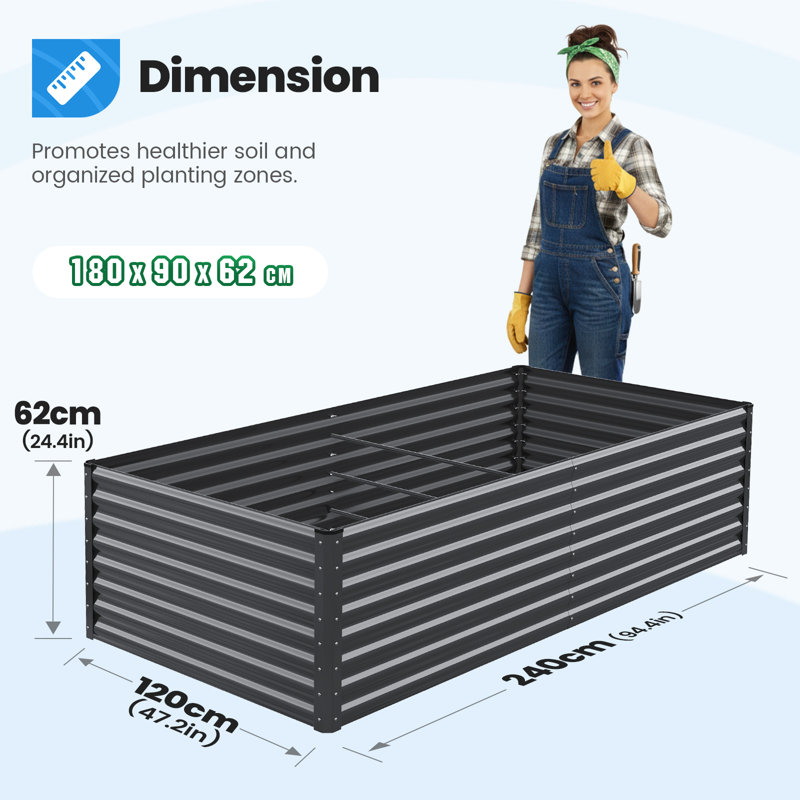Metal Raised Garden Bed, 240x120x62cm