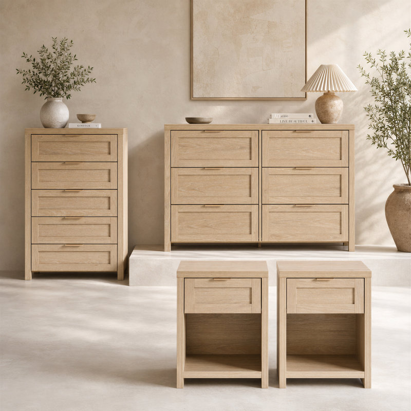 Ensemble de chambre à coucher Allenside 4 pièces avec commode et table de chevet, Chêne clair