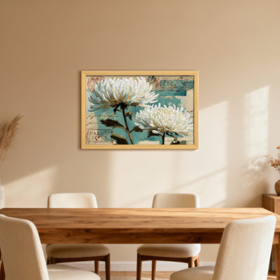 Plantes et fleurs de chrysanthèmes blancs sur fond de carte postale rétro