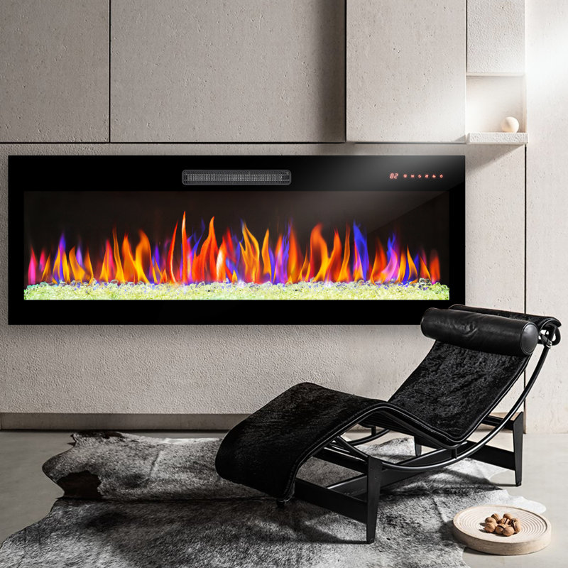 Ultra Thin 60 Inch Electric Fireplace, Multi Color Flame & , 1400W Heat, Remote, Protection Features Fireplace 60", Tempered Glass Front, Flames Changing Feature