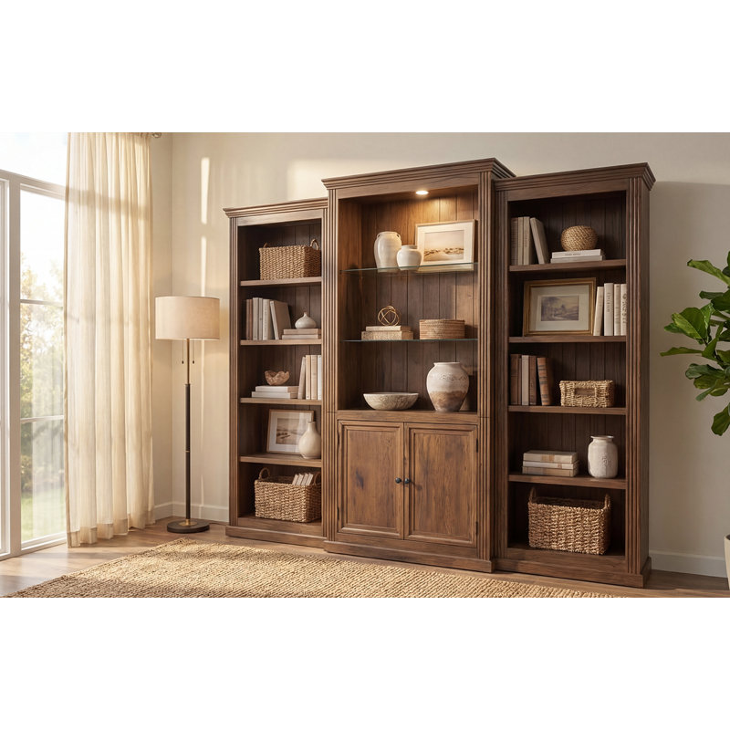 Bibliothèque brune de 78,75 po de hauteur avec 3 lumières DEL, armoire de présentation de style rétro avec tablettes en verre trempé, unité de rangement idéale pour le salon, le bureau, le studio et l'espace de travail