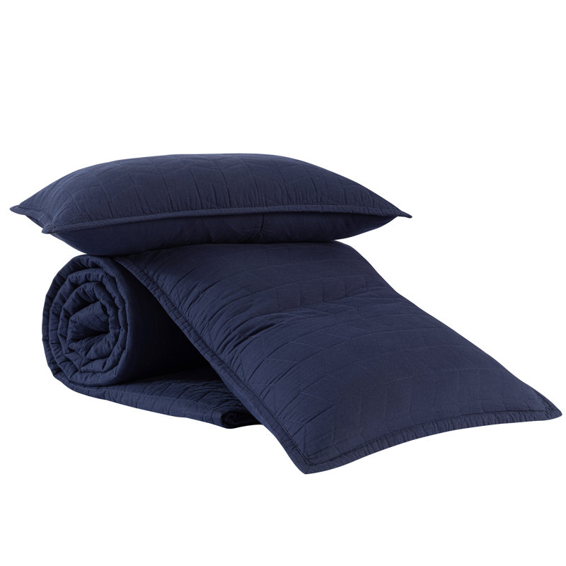 Solid Color Embroidery Stitching Cotton Quilt Sets Quilt, Navy, Queen Quilt + 2 Standard Shams