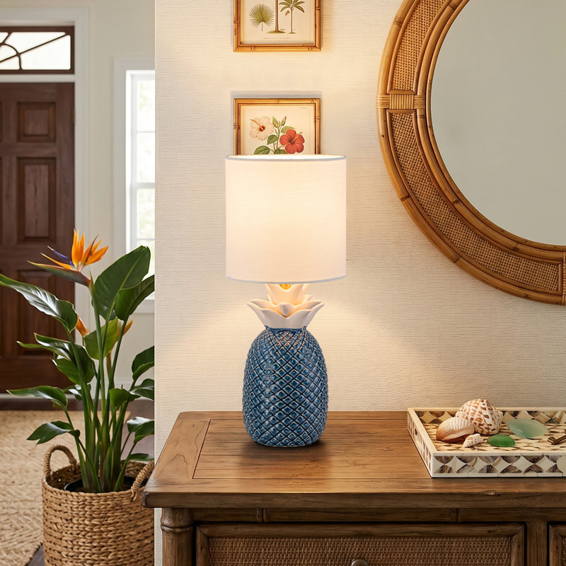 16.25" Pineapple Ceramic Table Lamp With Linen Shade, Novelty Desk Lamp For Nightstand,bedroom (blue And White), Blue/White