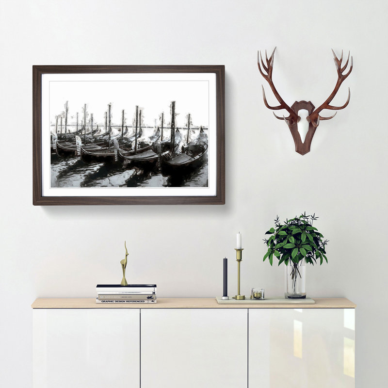 Docked Gondolas in Venice Italy in Abstract - Picture Frame Painting Print, 36cm H x 48cm W x 2cm D, Walnut Framed
