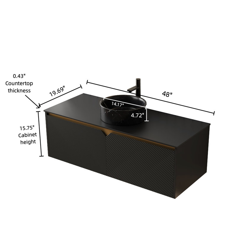 Wall - Mounted 48" Black Bathroom Vanity , Ceramic Basin With Stone Pattern, Sintered Counter And Twill Solid Wood Doors Floating Vessel Basin, Top Symmetry Aesthetics