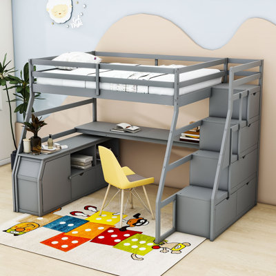 Full Seven Drawers Loft Bed Built-In Desk And Shelves