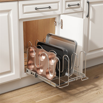 Pull Out Pot and Pan Lid Organizer for Cabinet, Heavy Duty Metal Slide Out Cookware Holder, 11"W x 21"L, Storage Rack for Pot Lids, Cutting Boards & Bakeware, Silver