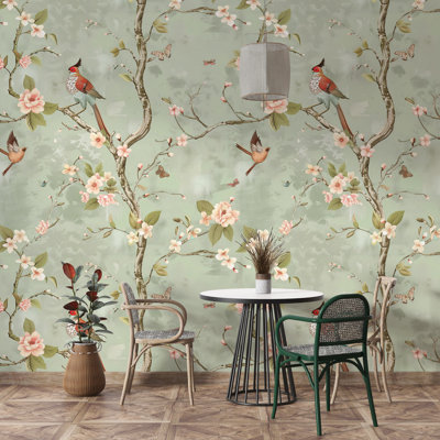 Papier peint botanique avec papillons et oiseaux vert sauge
