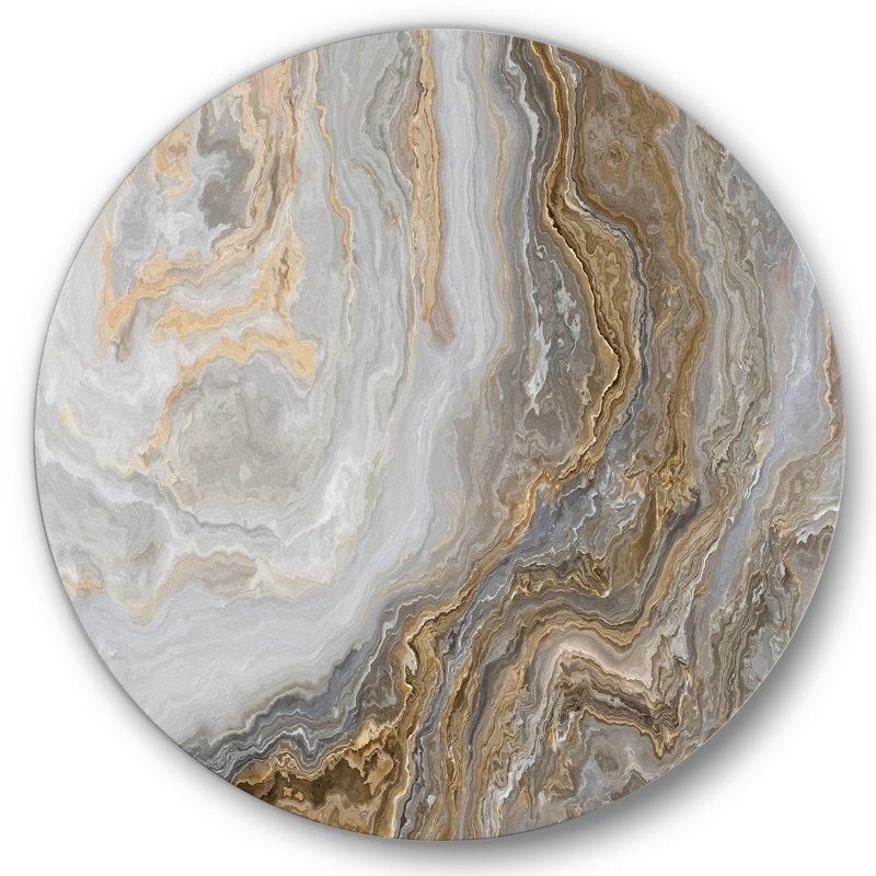 «White Marble with Curley Gray and Gold Veins» - art mural rond en métal, H 11 po x l 11 po