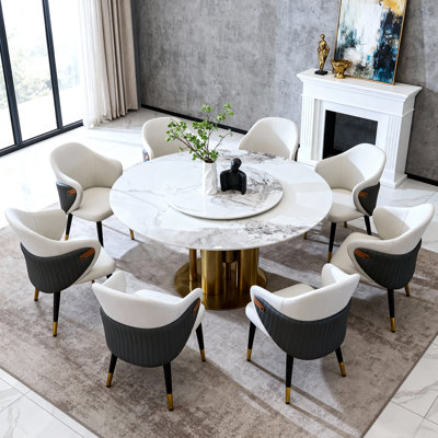 59" Round Kitchen Table, 360 Smooth - Rotating Lazy , Stain & Impact Proof Sintered Stone, American Luxury, Seats 8, Golden White Dining Table With Turning Stone Tabletop, Compact Space , Design,