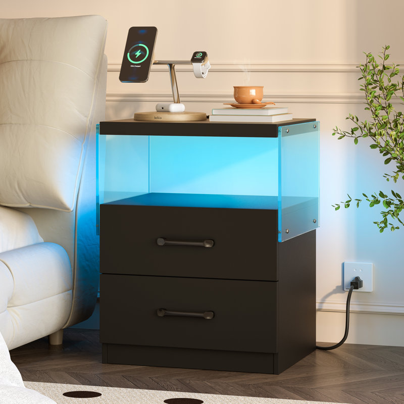 22'' Height Modern LED Nightstand with Charging Station, Black, Individual