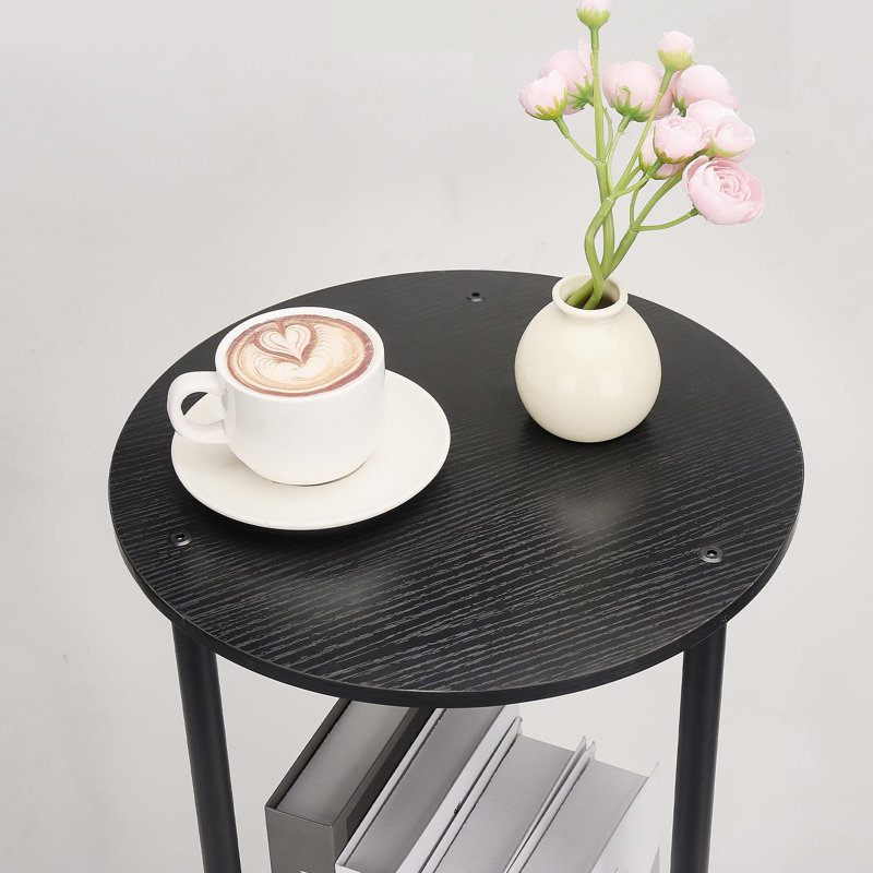 Set Of 2 2-Tier Modern Small Round Side Table With Storage Shelf For Small Space, Black
