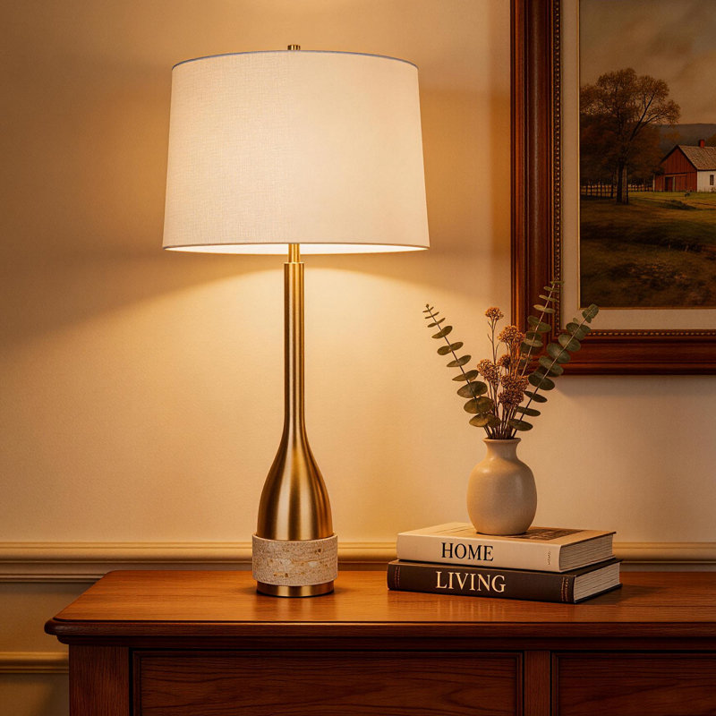 31 Inch Buffet Table Lamp, Natural Travertine Stone and Antique Brass with White Linen Drum Shade
