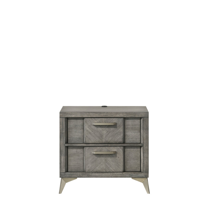 Table de chevet 2 tiroirs grise avec placages et poignées en métal
