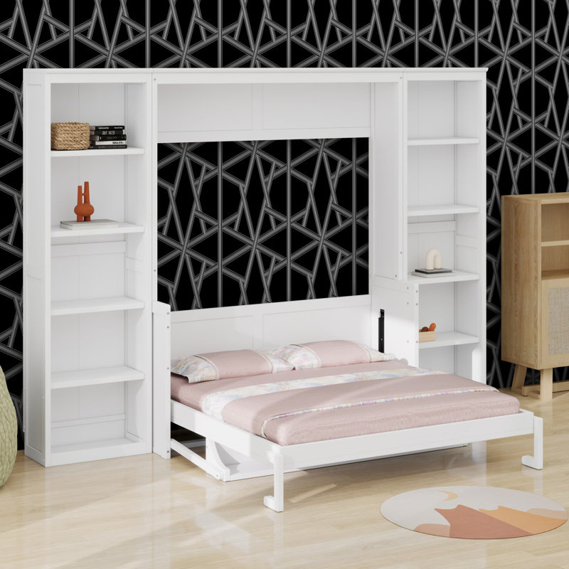 Lit escamotable avec bureau et bibliothèque Murphy, Blanc, Grand lit