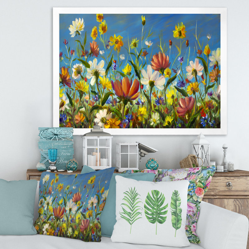 «Beautiful Field Flowers In Wild Nature», peinture sur toile, Cadre blanc, H 30 po x l 40 po x 1,5 po