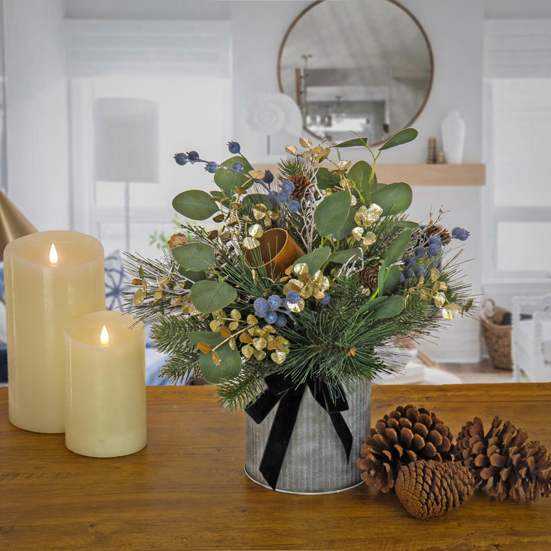 17" Blue and Gold Artificial Christmas Arrangement with Metal Pot