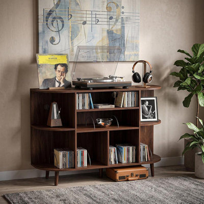 Grand support pour tourne-disque avec station de charge et ports USB, armoire de rangement pour vinyle de style Mid-Century, salon dans la chambre à coucher