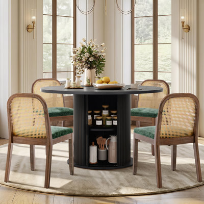 Ensemble de salle à manger 5 pièces pour 4 personnes avec table de rangement et chaises rembourrées à dossier canne, base ouverte à piédestal