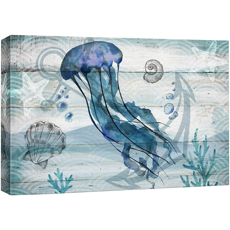 Marine Lifes In The Sea Jellyfish under the Sea with Shells Amphibians Beach - reproduction d'art sur toile tendue