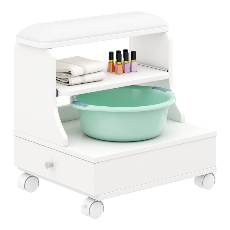 Rolling Pedicure Foot Rest Stool w/Storage,Pull-Out Tray&Drawer&Side Shelf | PU Cushion Manicure Foot Rest Stand,Pedicure Foot Stool,for Beauty Salon,Nail Tech Foot Bath Spa,Massage Station (White)